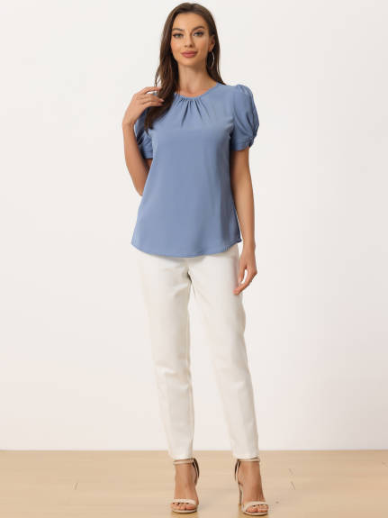 Allegra K- Puff Sleeve Round Pleated Neck Top