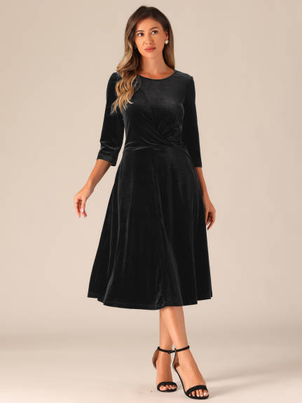 Allegra K - Velvet Crew Neck A Line Midi Dress