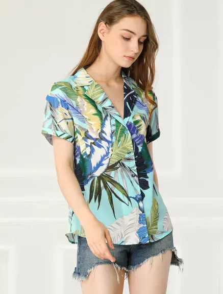 Allegra K- Beach Tropical Floral Leaves Button Down Shirt