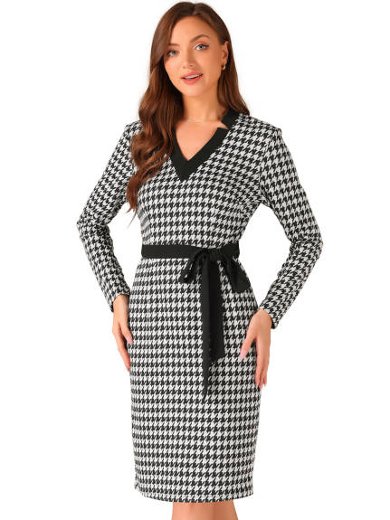 Allegra K - V Neck Houndstooth Knit Belted Pencil Dress