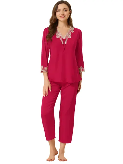 Allegra K - Lace Trim Solid Pajama Sets