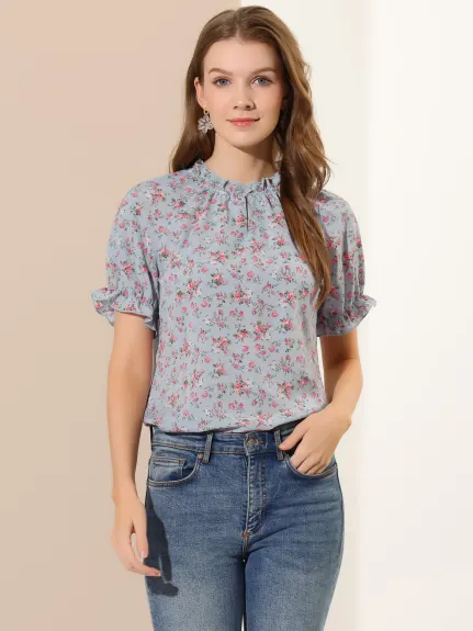 Allegra K- Floral Short Sleeve Ruffle Neck Blouse