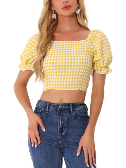 Allegra K- Smocked Crop Bubble Sleeve Tops