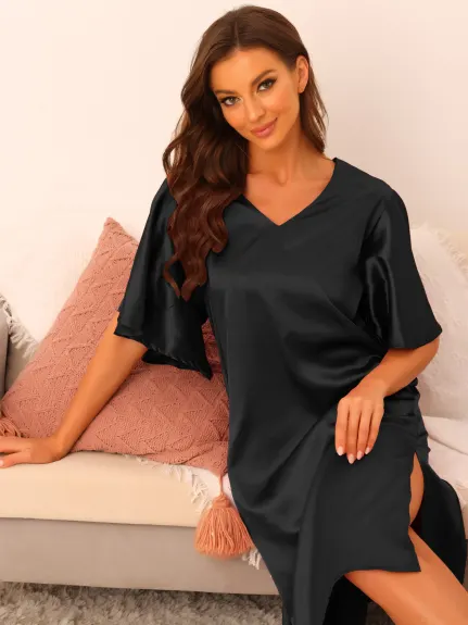 cheibear - Flare Bell Sleeve Satin Nightgown