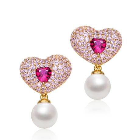 Genevive Sterling Silver 14K Gold Plated with Ruby Red Cubic Zirconia and Pearl Heart Drop Earrings