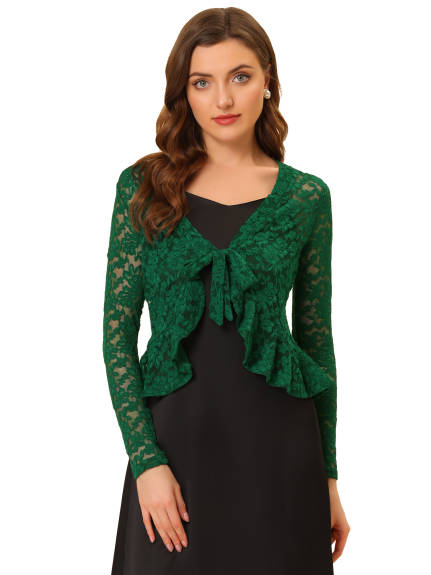 Allegra K - Tie Front Ruffle Lace Sheer Cropped Cardigan