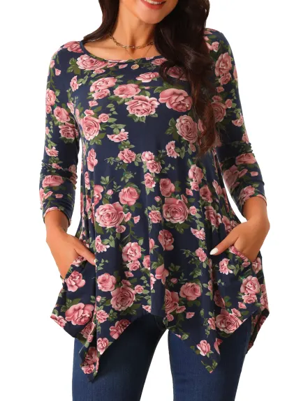 Allegra K - Floral 3/4 Sleeve Asymmetrical Tunic Top