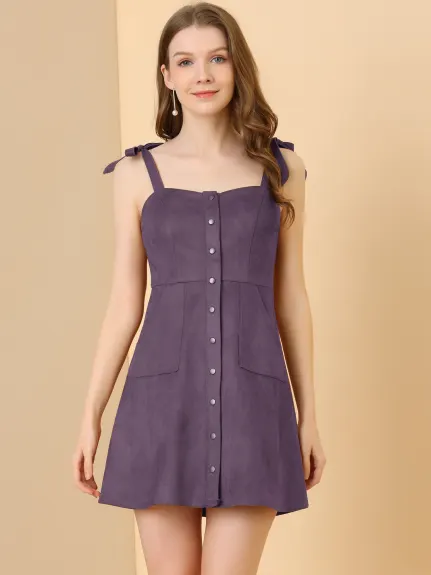 Allegra K- Faux Suede A Line Short Button up Overall Dress