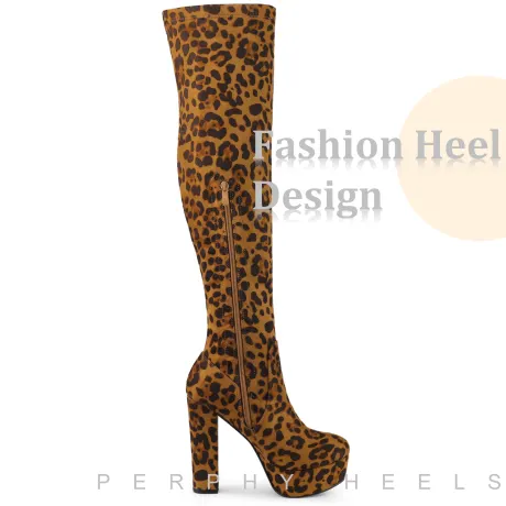 Allegra K- Block High Heel Platform Solid Thigh High Boots