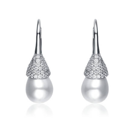 Genevive Sterling Silver with Clear Cubic Zirconia and Pearl Bulb Earrings