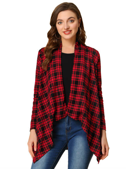 Allegra K- Handkerchief Hem Plaids Open Front Cardigan