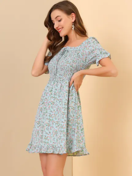 Allegra K- Puff Sleeve Square Neck Ruffled Hem Floral Smocked Dress