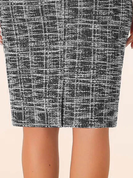 Allegra K - Tweed Plaid Slit Pencil Skirt