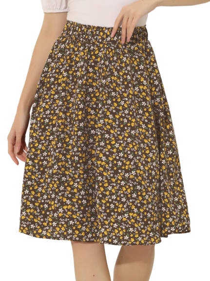 Allegra K- Floral Printed Knee Length A-Line Skirt