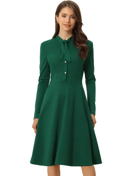 Allegra K- Tie Neck Knit Long Sleeve Midi Sheath Dress