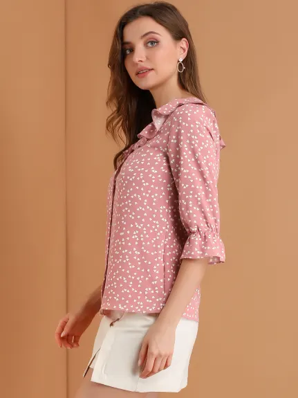 Allegra K- Ruffled Collar Elbow Sleeve Heart Print Blouse