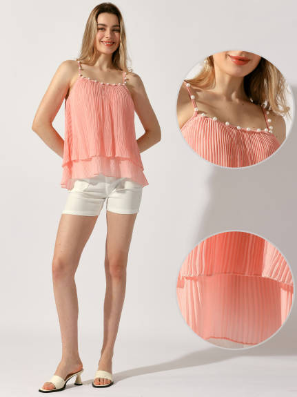 Allegra K - Double-Layer Pleated Ruffle Spaghetti Strap Top