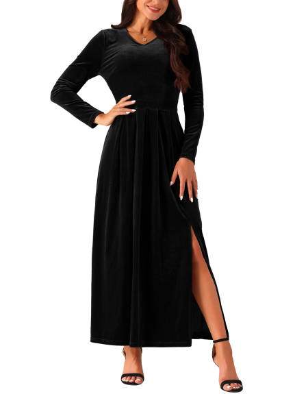 Allegra K - Elegant V-Neck Split Velvet Maxi Dress