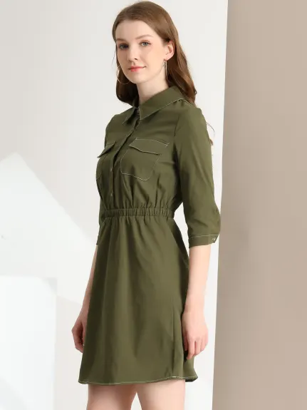 Allegra K- robe chemise Safari utilitaire col élastique manches 3/4