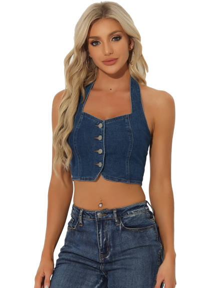 Allegra K- Denim Front Halter Backless Tank