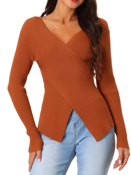 Allegra K- V Neck Wrap Long Sleeve Sweater Top