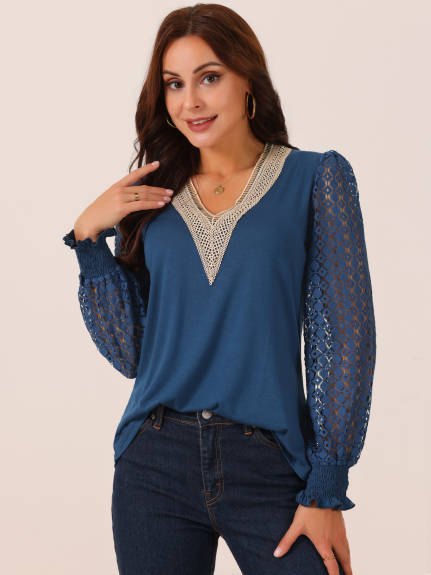 Allegra K - Lace V Neck Hallow Out Sleeve Blouse