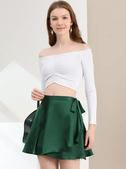 Allegra K- Satin Mini Wrap Skater Skirt