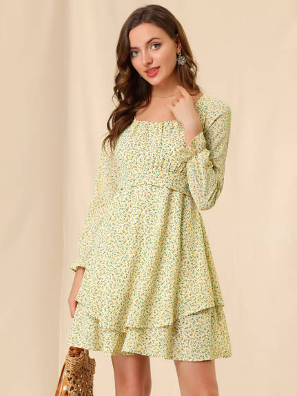 Allegra K- Puff Long Sleeve Floral Tiered Dress