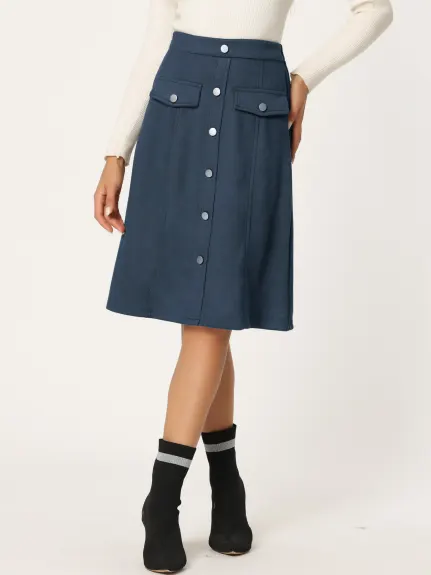 Allegra K- Suede Button Pockets Decor A-Line Skirt