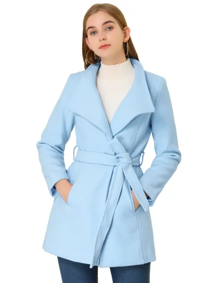 Allegra K- Classic Stand Collar Belted Long Coat