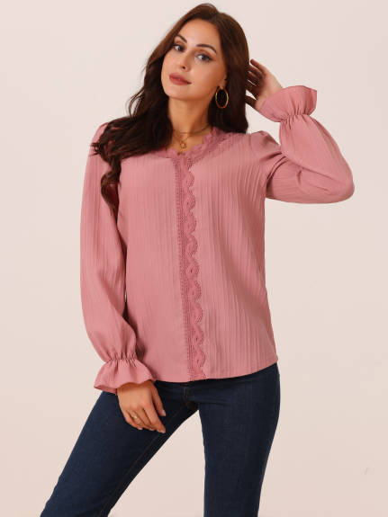 Allegra K - Lace V Neck Lantern Sleeve Casual Top