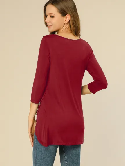 Allegra K- 3/4 Sleeve Tunic Asymmetry Button Top