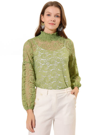 Allegra K- Ruffle Mock Neck Floral Lace Sheer Blouse