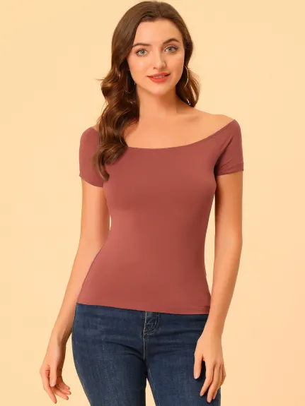 Allegra K- Off Shoulder Solid Slim Fit Tees