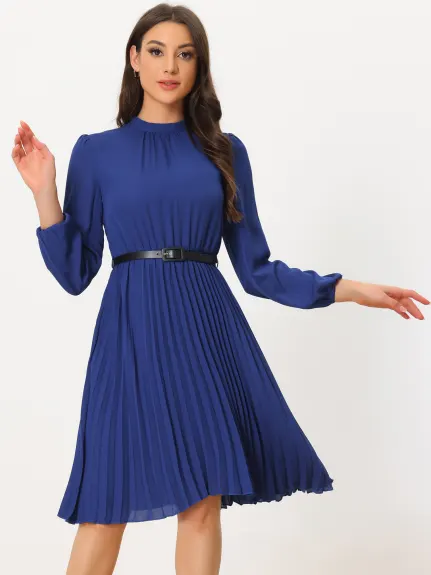 Allegra K- Elegant Long Sleeve Pleated Midi Shirt Dress