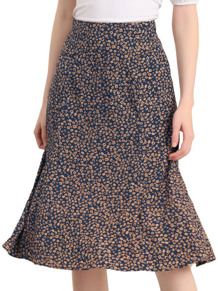 Allegra K- Elastic Waist A-Line Midi Leave Print Skirt