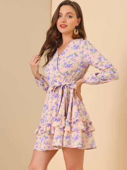 Allegra K- Tiered Ruffled Tie Waist Floral Dress