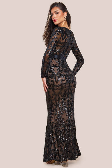 Goddiva - Embroidered Sequin & Mesh Maxi Dress