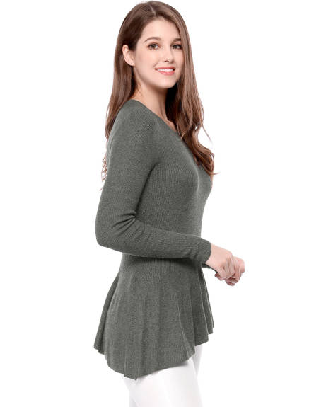 Allegra K- Ribbed Irregular Curved Hem Peplum Knit Top