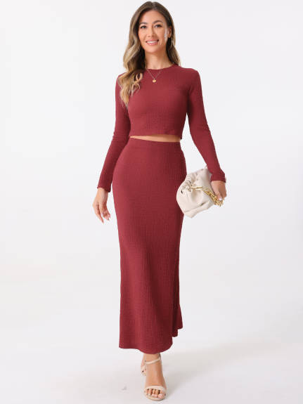 Allegra K - Long Sleeve Knit Crop Top Maxi Skirt Set