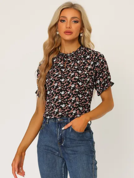 Allegra K- Floral Short Sleeve Ruffle Neck Blouse