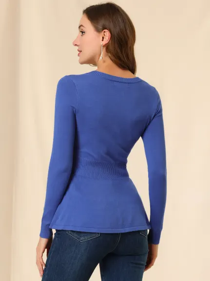 Allegra K- V Neck Ribbed Pullover Knitted Peplum Sweater