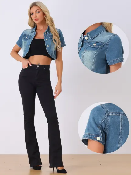 Allegra K- Short Sleeves Crop Denim Jean Jacket