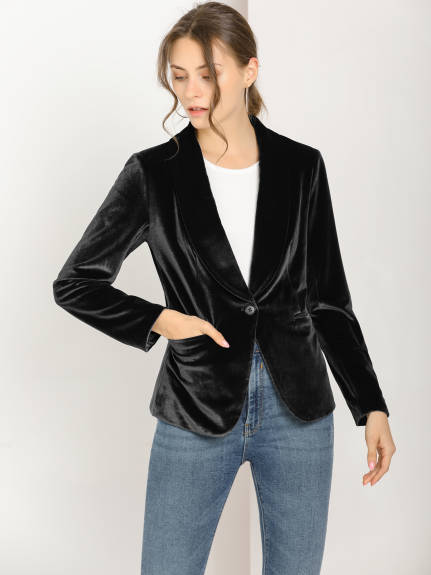 Allegra K- Shawl Collar One Button Velvet Blazer