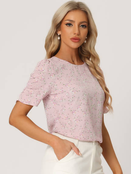 Allegra K- Floral Crew Neck Shirred Short Sleeve Blouse