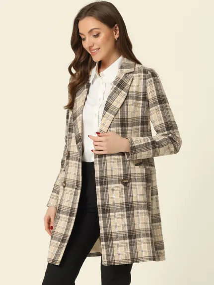 Allegra K- Notched Lapel Double Breasted Plaid Blazer