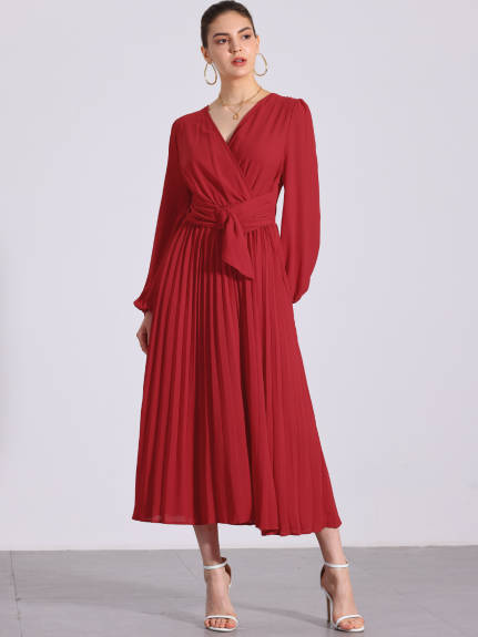 Allegra K - Pleated V-Neck Puff Sleeve Midi Dress