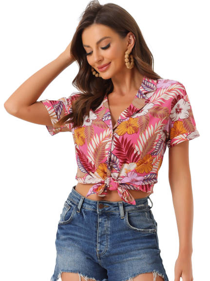 Allegra K- Beach Tropical Floral Leaves Button Down Shirts