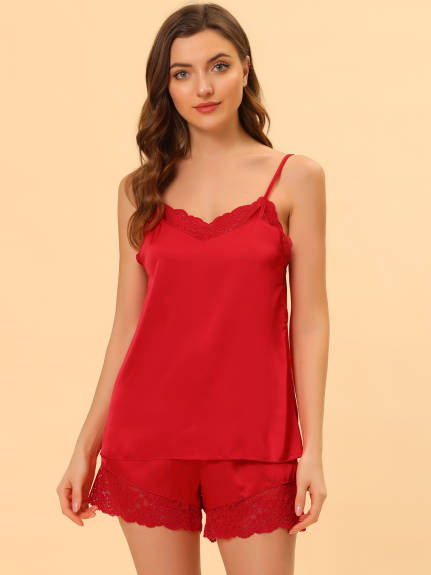 Allegra K - Satin Lace Cami Lounge Sets 2-Pack, Red