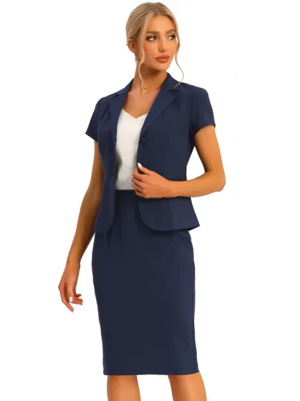 Allegra K- 2 Piece Suit Set Short Sleeve Blazer Jacket Pencil Skirt